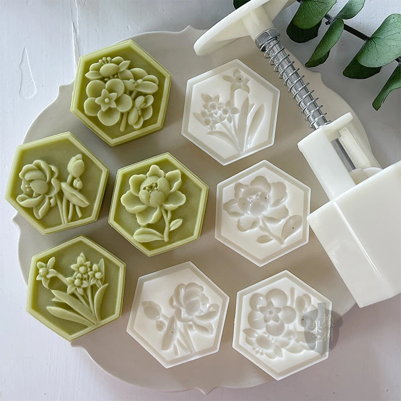 50g60g花卉中秋节月饼模中式六边花莲花水仙牡丹山茶花绿豆糕模具