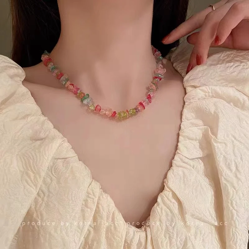 合金珐琅项链 小众春夏彩色不规则花晶石项链设计感高级轻奢气质