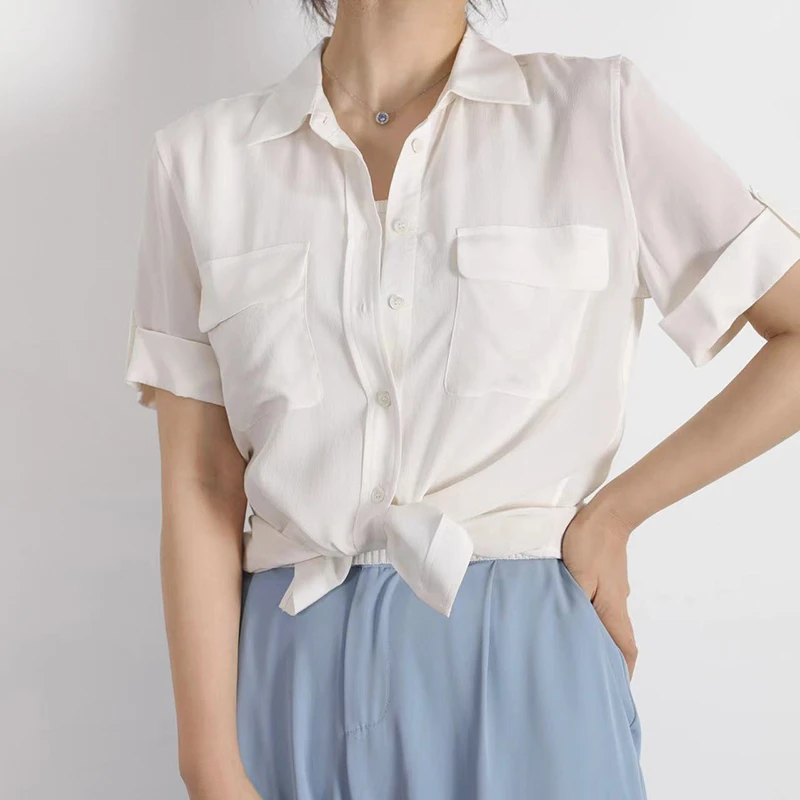 通勤简约宋慧乔同款三色双口袋真丝短袖衬衫桑蚕丝上衣女cy216278