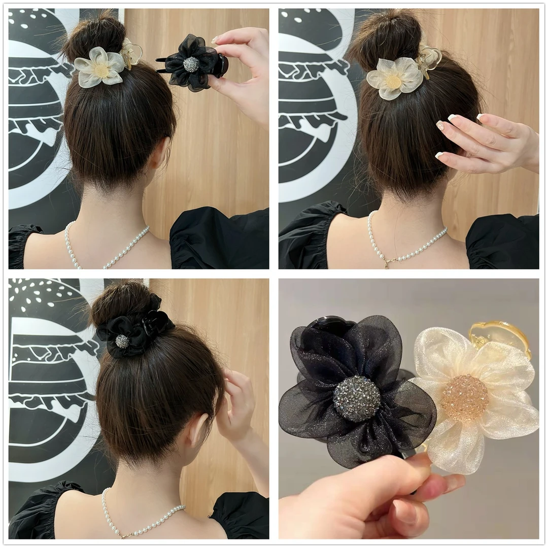 网纱太阳花朵丸子头抓夹发饰头饰优雅气质网红花苞头