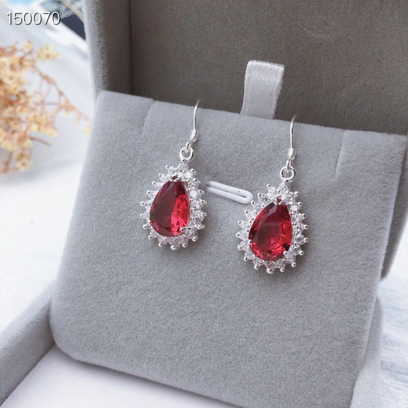 990纯银耳环女红色锆石耳坠日韩简约 水滴吊坠耳饰生日礼物