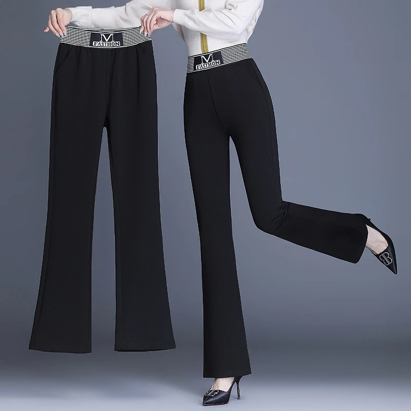 2025春夏新款韩版喇叭女坠感高腰弹力休闲裤显瘦外穿修身百搭长裤