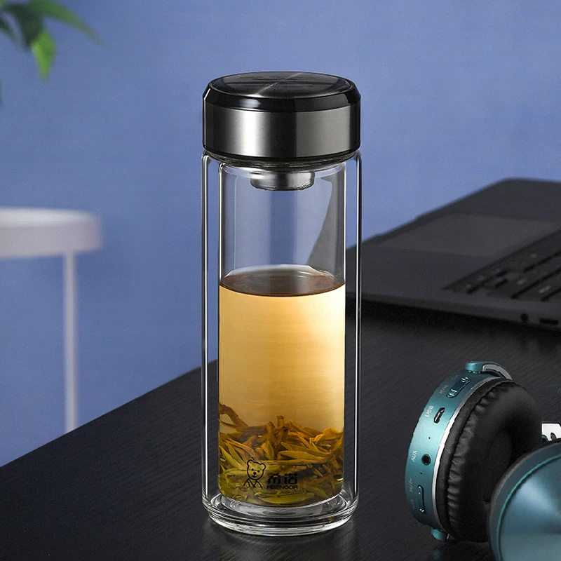 希诺双层玻璃杯带盖 男士车载水杯隔热茶杯透明杯子家用办公泡茶