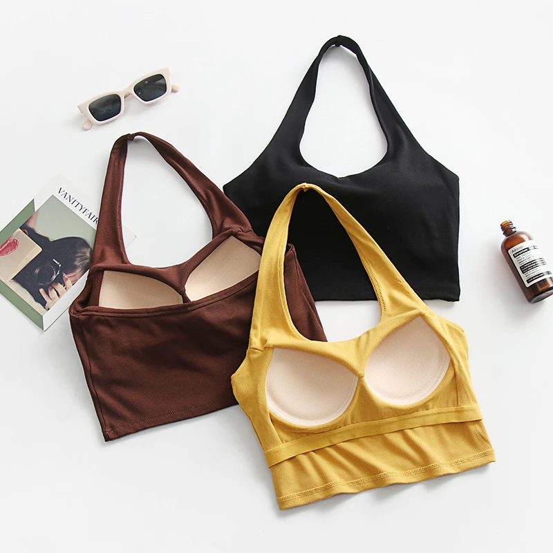 挂脖吊带背心带胸垫内搭网红美背内衣文胸一体辣妹外穿短款上衣女