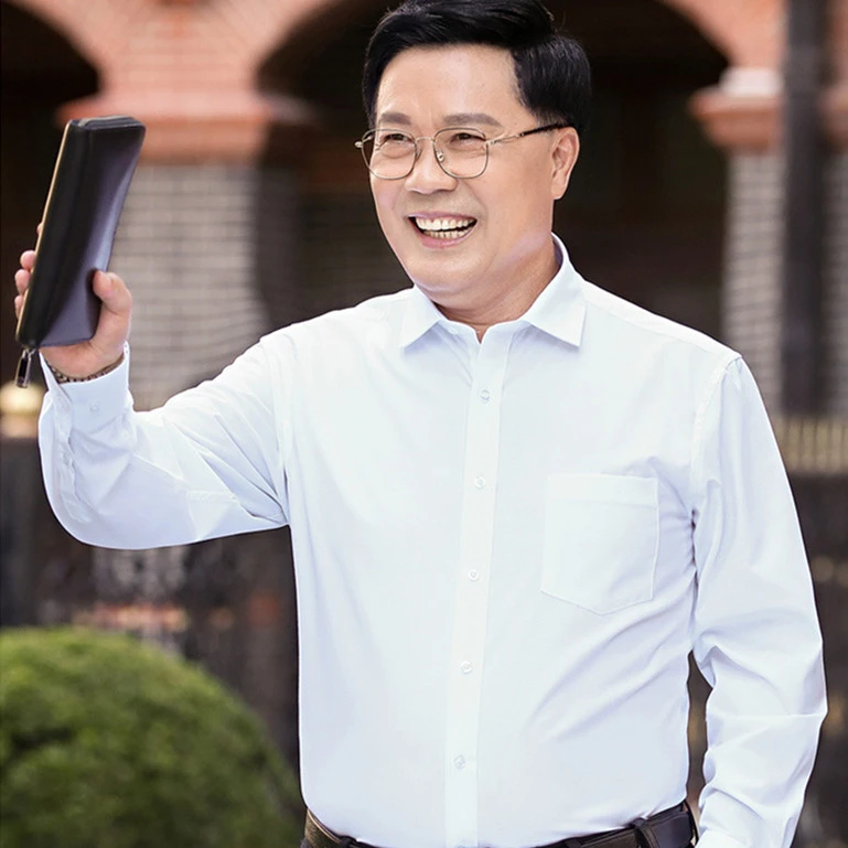 中年男士长袖衬衫纯棉宽松大码商务休闲爸爸装全棉衬衣带口袋肥版