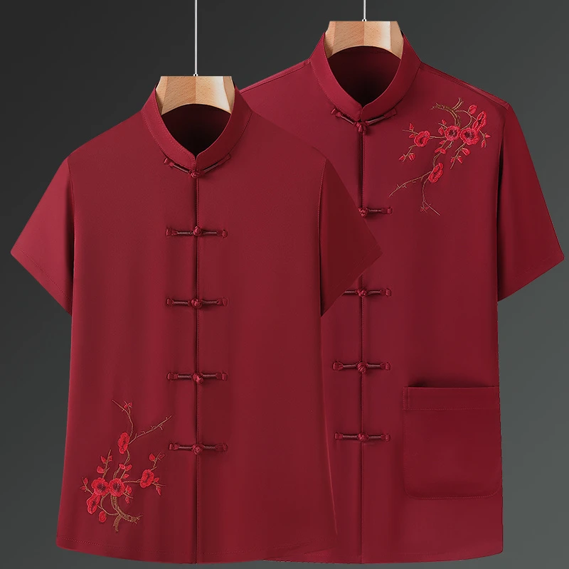 爸爸夏装套装中老年唐装男中国风父母装爷爷奶奶情侣装生日过寿衣