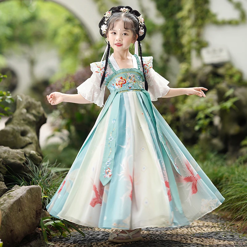 青-SL2369女童中国风夏季汉服古风超仙飘逸古装襦裙儿童连衣裙