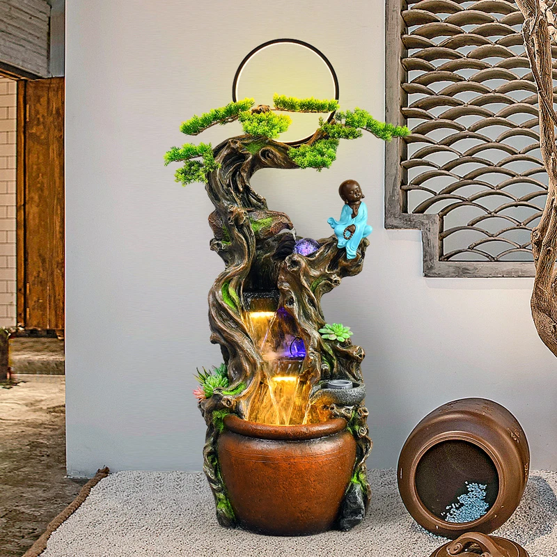 假山流水喷泉室内禅意和尚装饰创意客厅循环水招财风水轮落地摆件