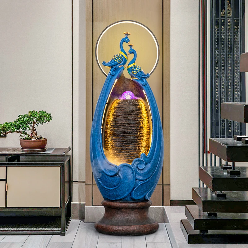 流水摆件循环水客厅孔雀景观装饰招财风水轮乔迁新居装饰落地摆件