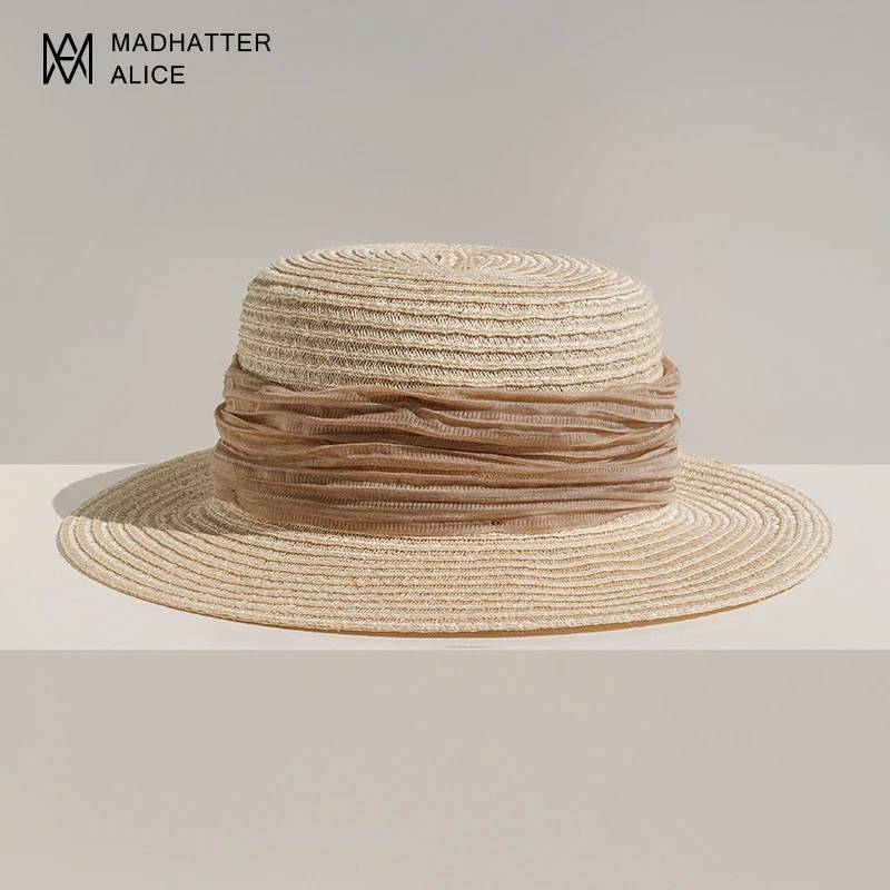 疯帽子 透气天然亚麻平顶遮阳帽女 夏季出游宽檐防晒草帽小礼帽