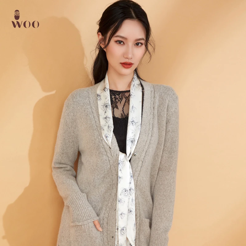 WOO妩素雅玉兰领带巾长条窄真丝丝巾春夏季女围巾桑蚕丝领巾