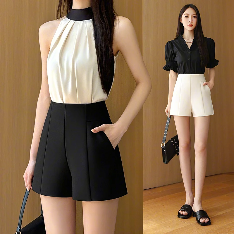 u 91西装短裤女夏秋冬2025新款高腰a字时尚气质百搭黑色白色靴裤