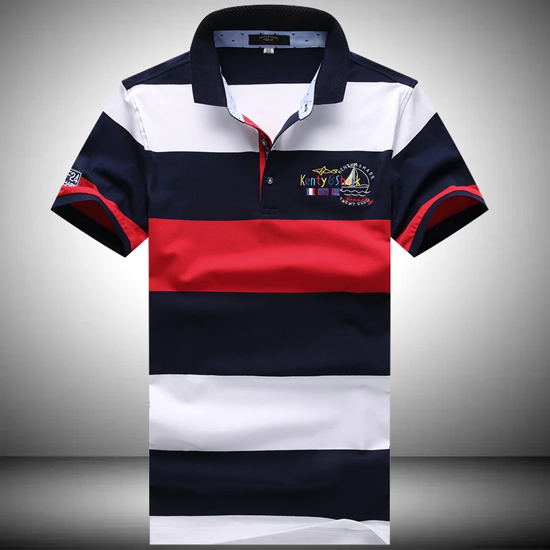 肯迪鲨鱼夏季短袖T恤男翻领纯棉半袖宽松丝光棉条纹大码中青年上