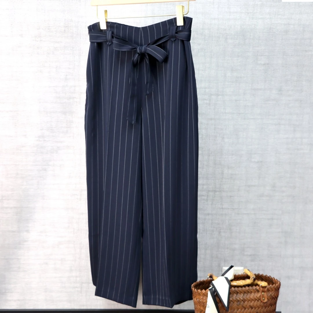 花语FC【时髦感】夏季高端通勤阔腿裤高腰条纹九分西装裤女-1623