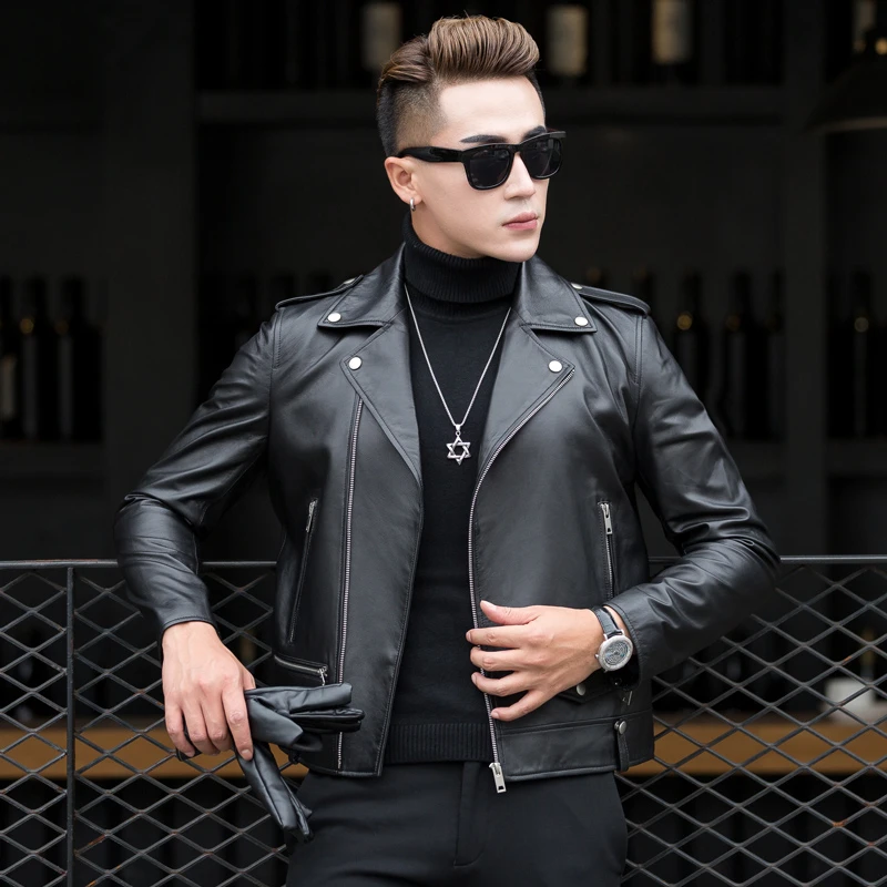 男士绵羊皮机车款ins风韩版休闲斜拉链夹克外套
