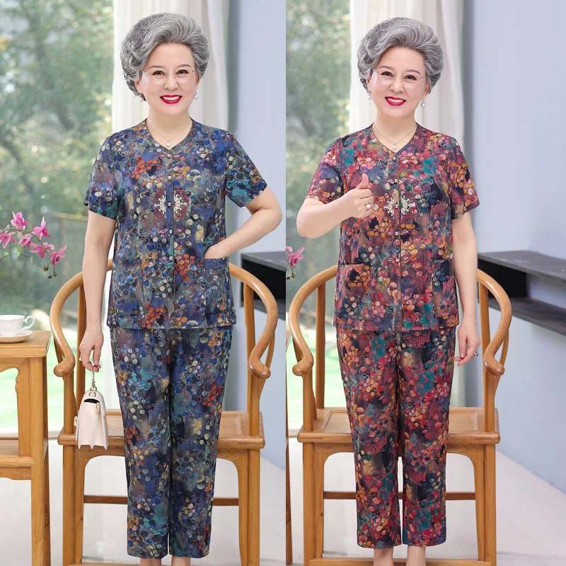 奶奶夏装薄款套装加肥加大码中老年人妈妈半袖开衫两件套老人衣服
