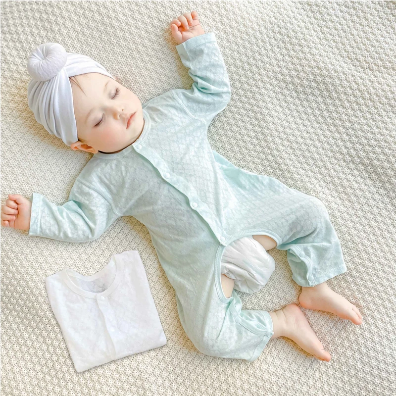 婴儿夏季薄款开档连体衣新生儿长袖长裤棉质睡衣宝宝凉快网眼爬服