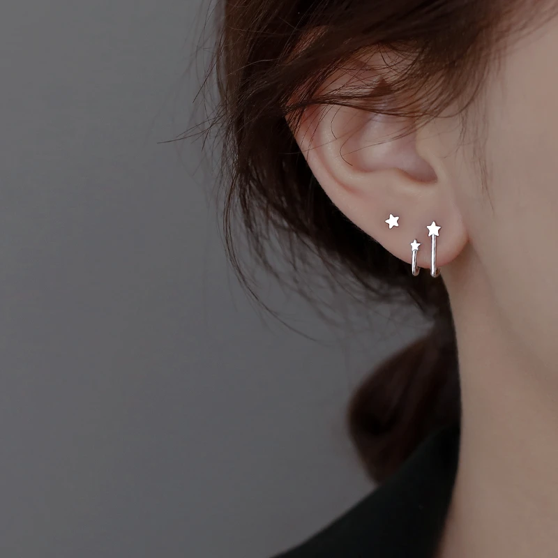 925银耳饰 925纯银星星耳钉女潮双层U型耳环精致小巧耳饰气质夏季