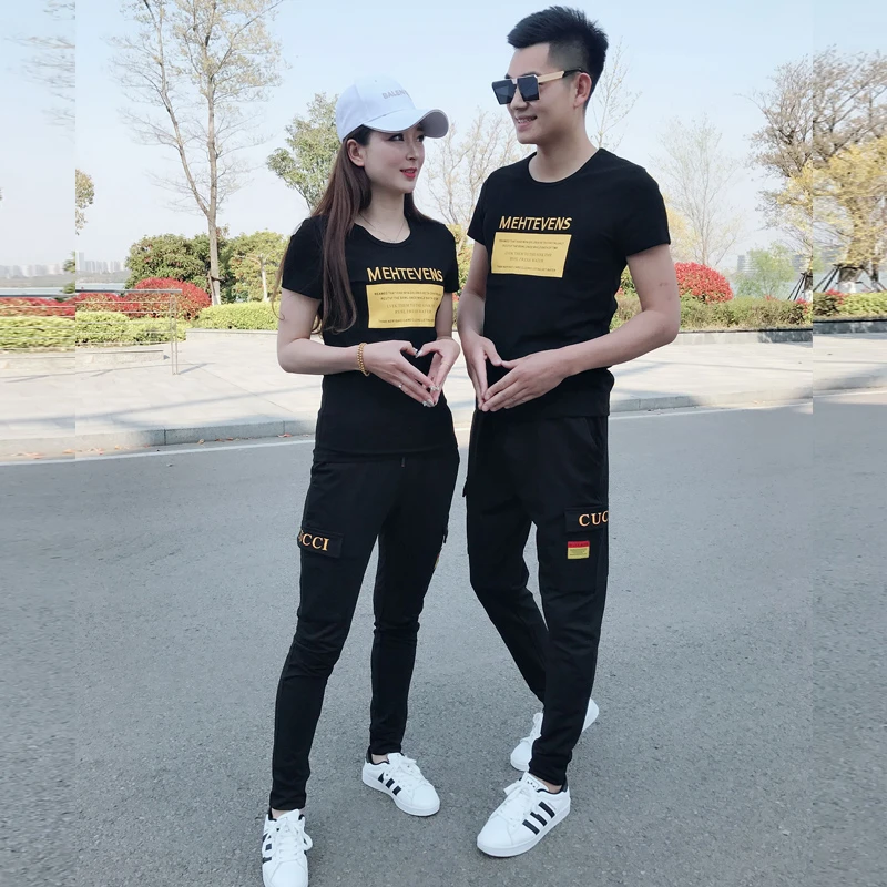 情侣运动套装潮2022春夏季新款短袖T恤男士休闲两件套工装长裤男