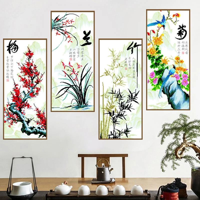 十字绣梅兰竹菊四联画