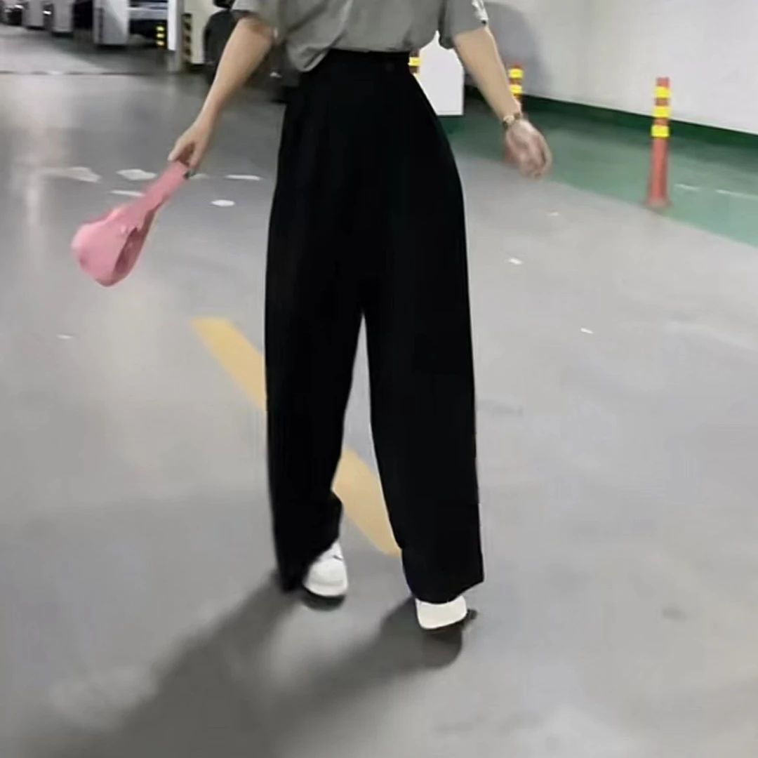 11026余小鱼 黑色高腰显比例宽松洋气斜扣阔腿拖地裤小个子女装