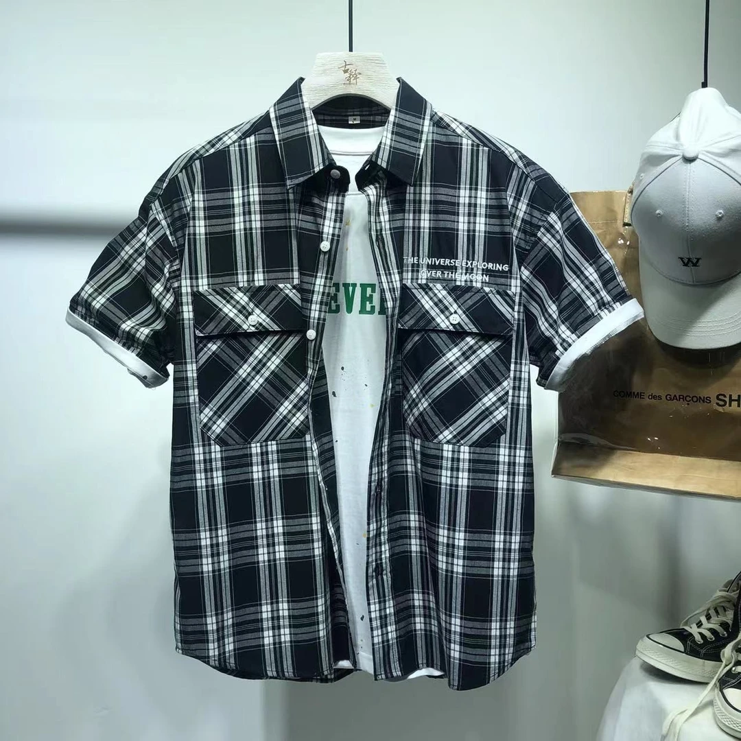 港风oversize工装格子衬衫男短袖夏季新款英文刺绣韩版宽松衬衫潮