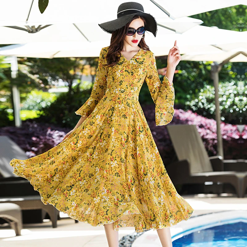 2023夏季新品七分荷叶袖V领碎花雪纺连衣裙女显瘦长裙修身大摆裙