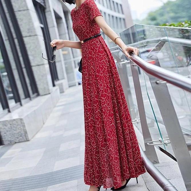 高端酒红色休闲连衣裙女2025年夏新款复古收腰气质碎花雪纺长裙子