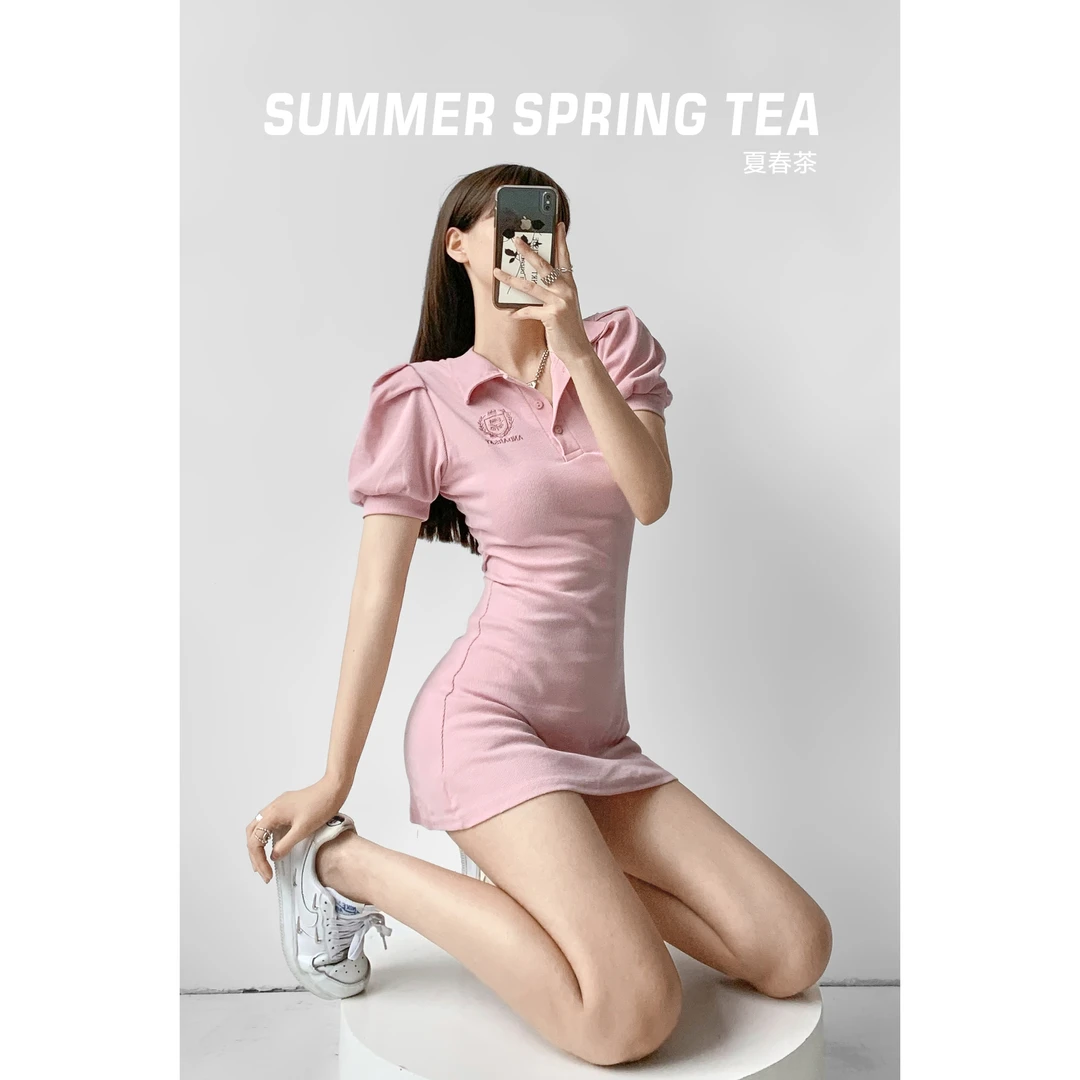 夏春茶辣妹POLO领连衣裙女夏2022新款收腰显瘦泡泡袖短裙白色裙子