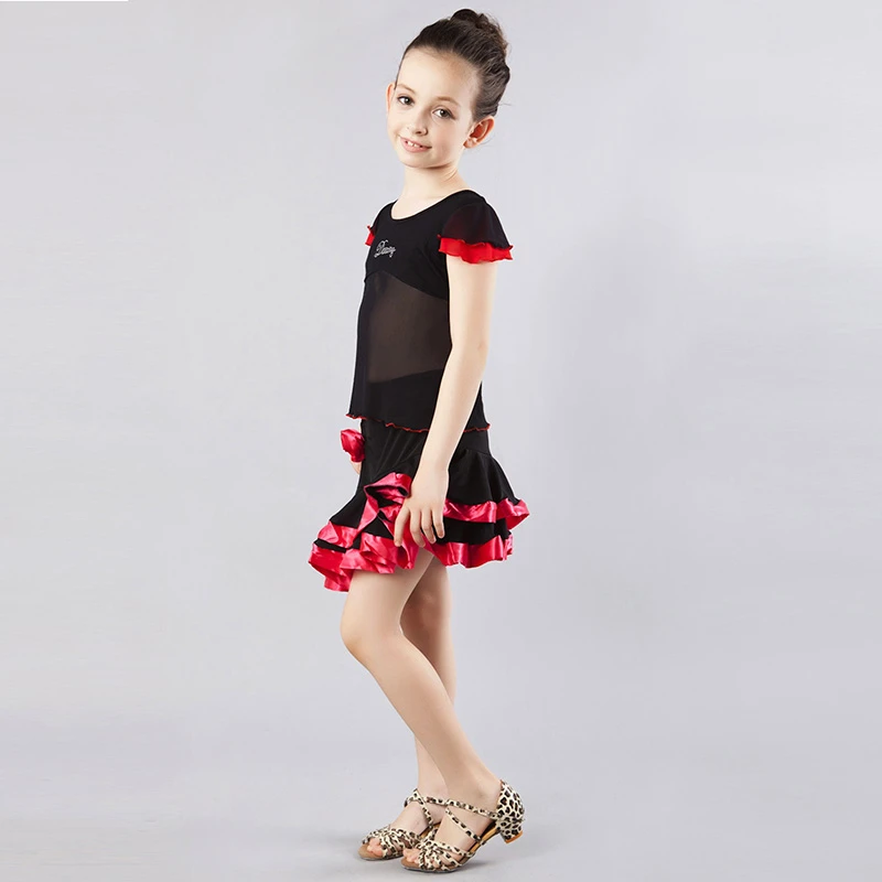 红舞鞋6042舞蹈服女儿童冰丝双层彩边拉丁舞裙半身裙芭蕾舞演出服