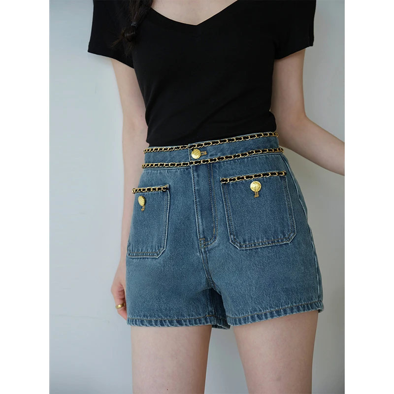 且可ChillCozy 泰兰德盛夏 丹宁牛仔复古链条高腰牛仔短裤女夏