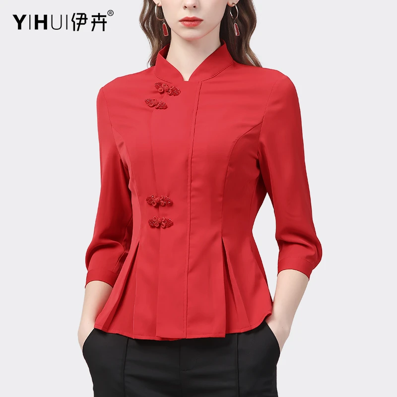 YIHUI伊卉中国风设计感衬衫女春秋加绒显瘦长袖衬衣立领SA18125