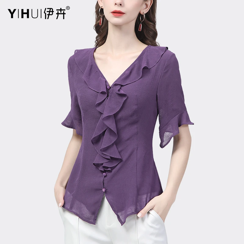 YIHUI伊卉雪纺衫设计感荷叶边短袖衬衫女v领夏季新款SC18982上衣