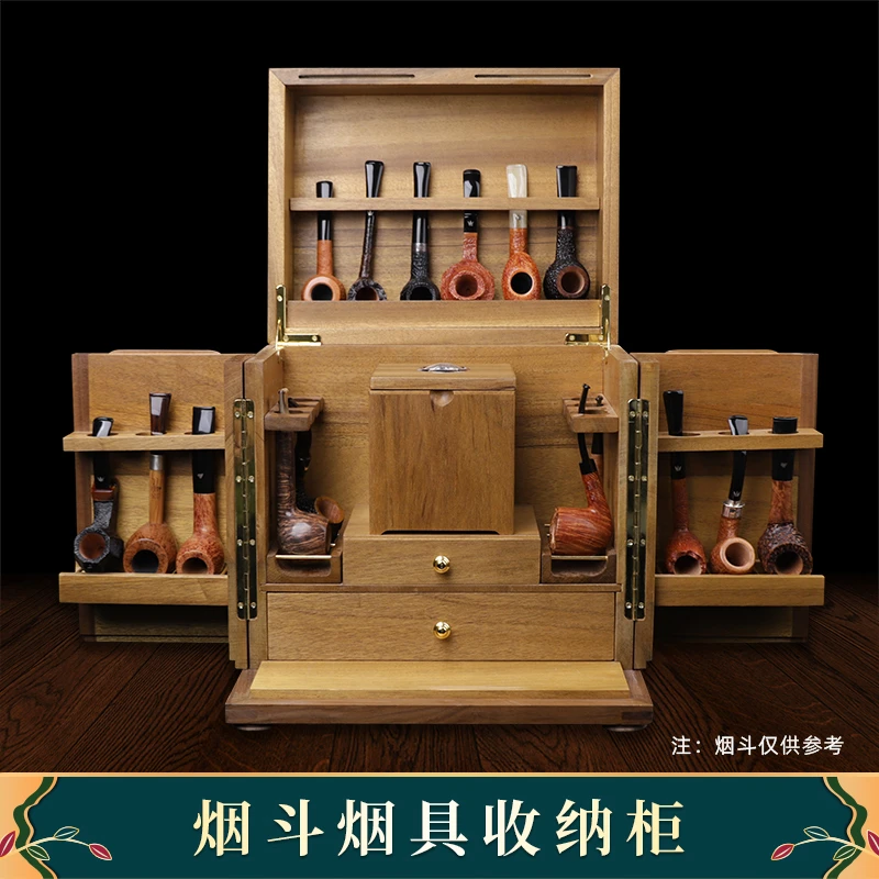 OLD FOX/老狐狸多功能烟斗架黑胡桃木多位烟斗收藏箱带保湿罐
