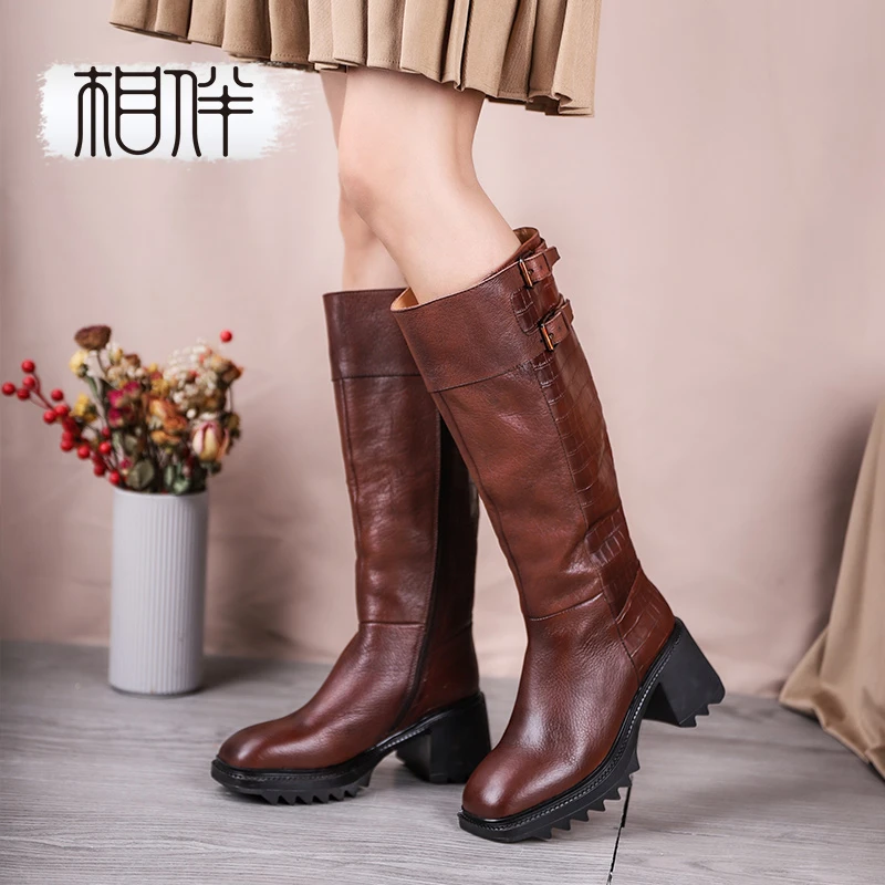 相伴51762秋冬季真皮长靴女不过膝超高跟头层牛皮高筒粗跟靴子