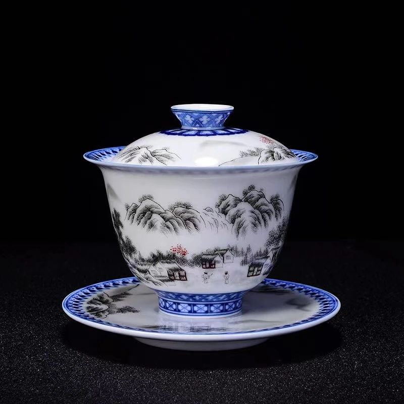 陶瓷青花瓷山水盖碗三才泡茶杯功夫盖碗送礼茶具单个盖碗冲茶器
