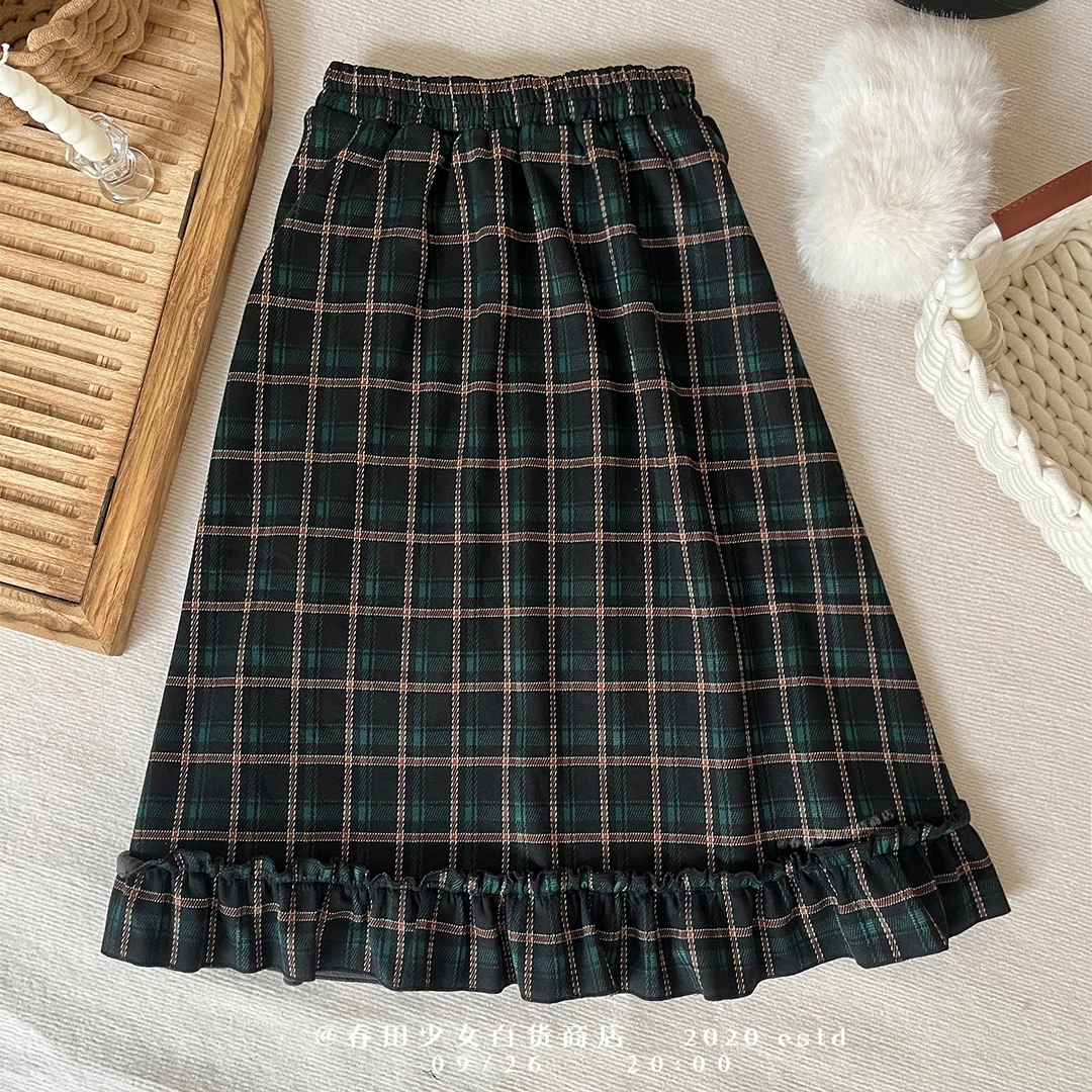 格纹伞裙秋冬加绒新款高腰保暖学院风美式复古毛呢格子复古设计