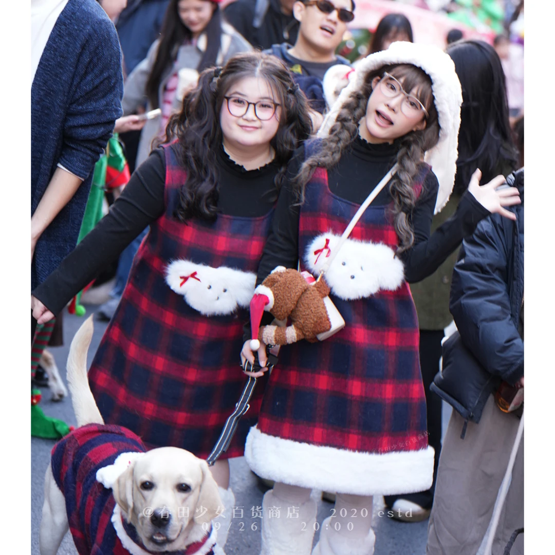 冬季毛呢毛毛小狗红蓝格纹背心连衣裙甜妹少女可爱长款保暖复古