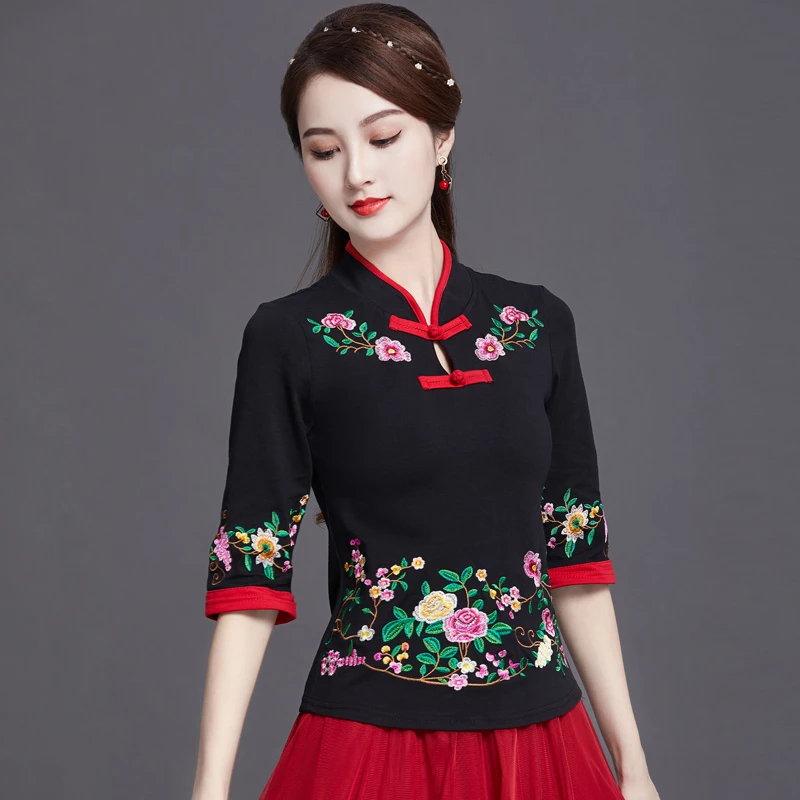 （夏新款）刺绣七分袖上衣民族风复古文艺绣花中袖大码打底衫