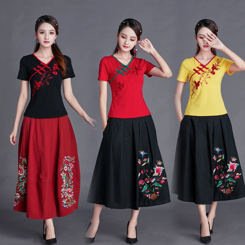 民族风女装两件套夏季新款复古刺绣短袖T恤棉麻A字裙半身裙套装