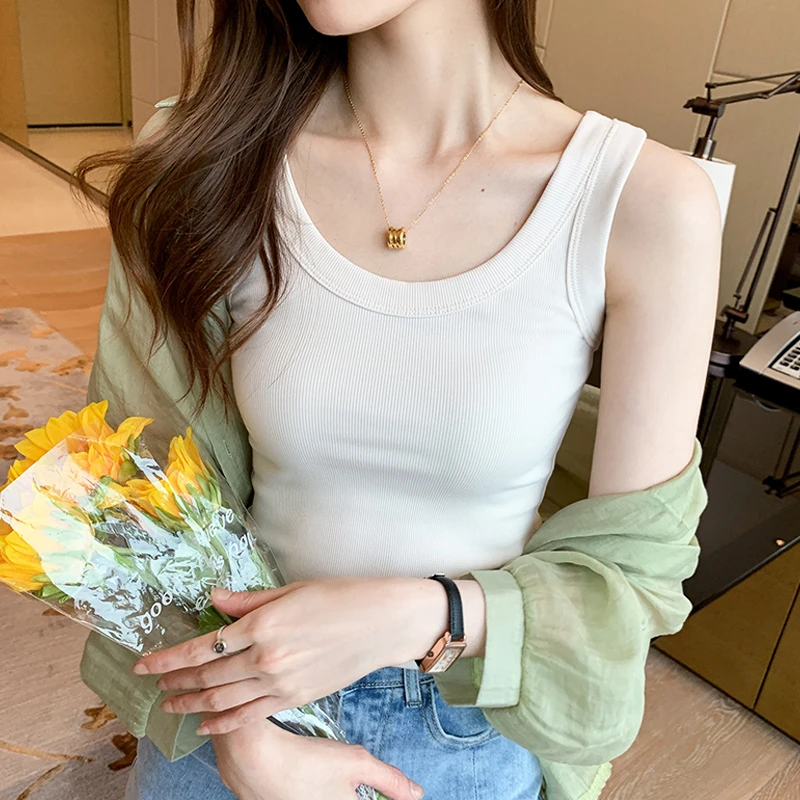 2023年春夏季新款螺纹防走光无袖薄款內搭打底吊带背心女外穿白色
