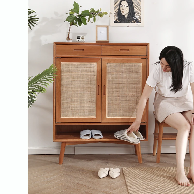 木屋表情樱桃木藤编新款鞋柜