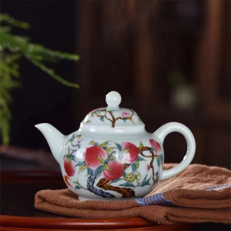 粉彩九桃茶壶陶瓷家用寿桃五福泡茶壶功夫茶具珐琅彩单茶壶2001