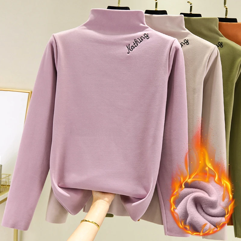 德绒打底衫女秋冬新款大码洋气半高领长袖内搭加绒加厚保暖上衣