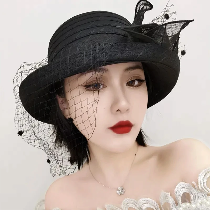 抖y爆款卷边圆顶花朵面纱出游渔夫帽子女显瘦遮脸纱洋气优雅礼帽