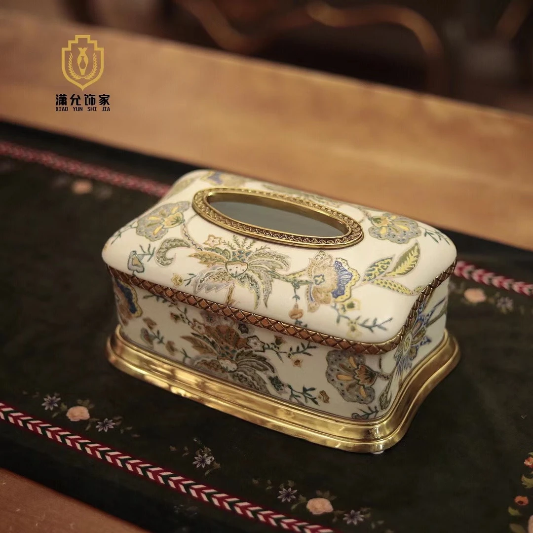 潇允饰家/辉煌玫瑰款纸巾盒/客厅餐厅/美式高端铜配瓷桌面摆件