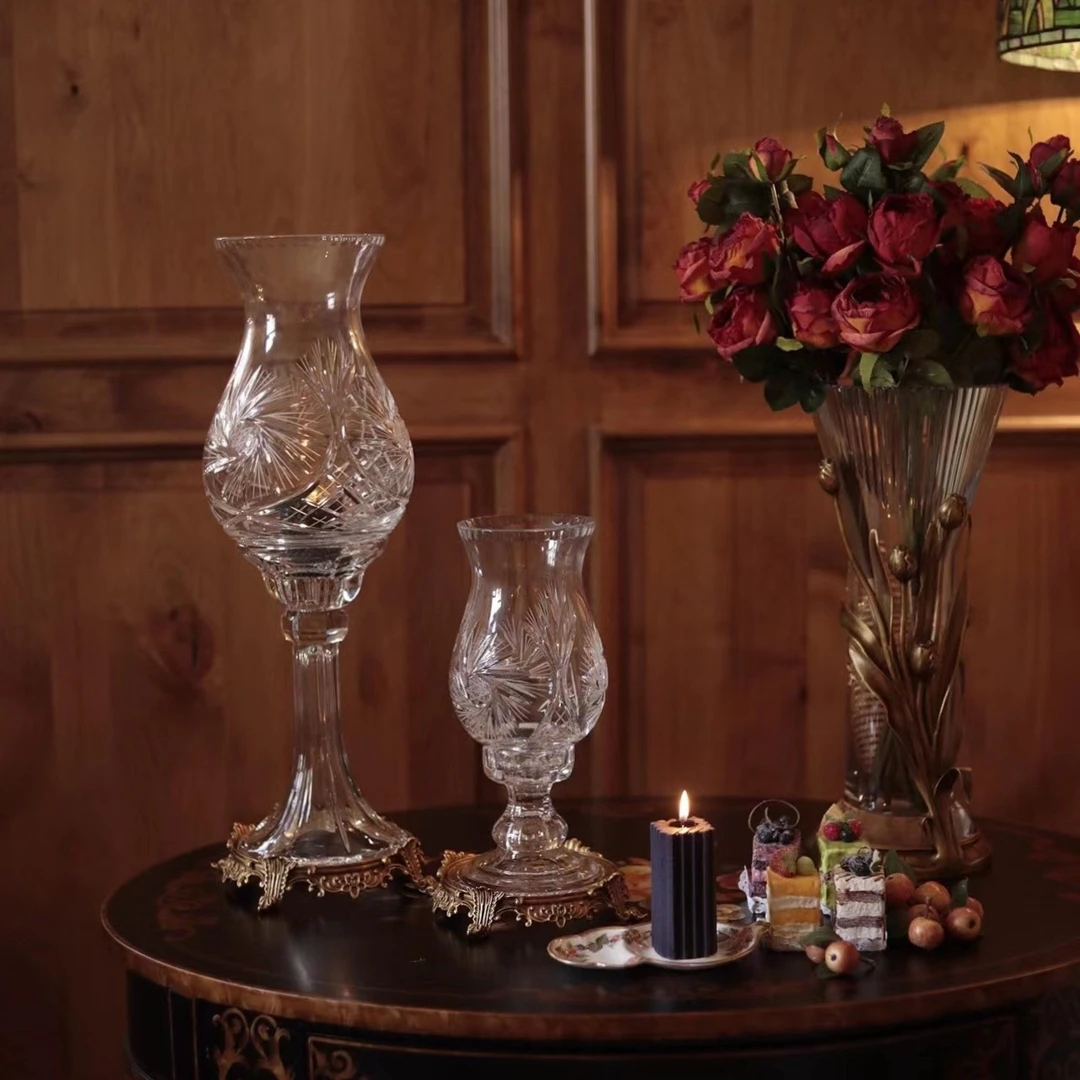 潇允饰家/铜配水晶/手工雕花花纹烛台/花器/美式/欧式/桌面摆件