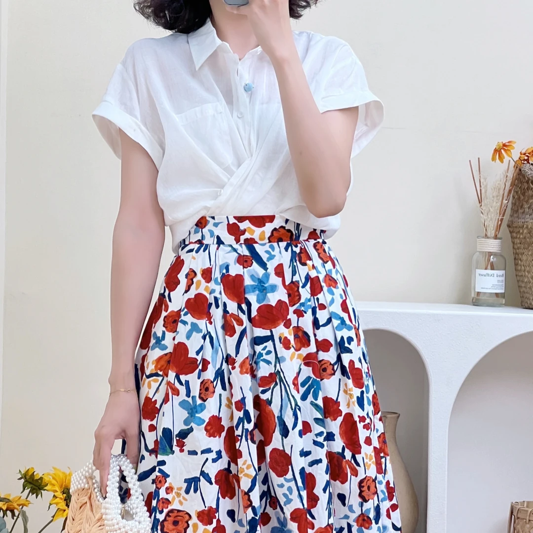 （文艺复兴白衬衫）碎花半裙白色衬衫套装清新淡雅短裤夏季印花百搭