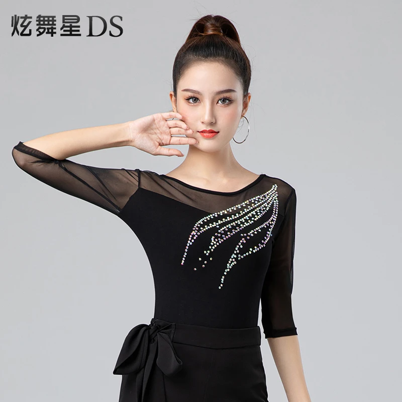 拉丁舞服女成年网纱摩登舞上衣国标舞练功服表演漂亮舞衣广场舞服