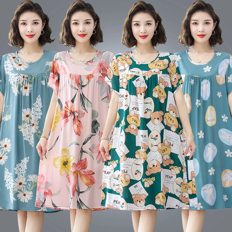 妈妈女士夏季家居服睡衣中年印花绵绸连衣裙中长款透气睡裙大码